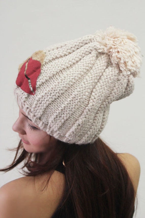 Crochet Women lips Lips  hats With beanie Cream Slouchy hats with Lovely Beanie  Hair