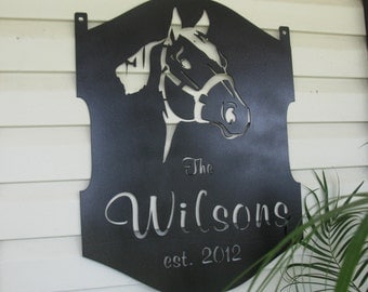 Personalized, metal sign with quarter horse head