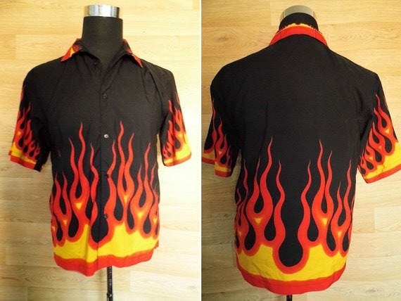 90's Club Kid Flame Shirt Fire Print Goth Cyber by ZeusVintage