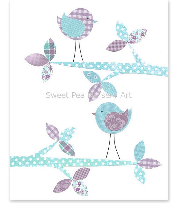 Items similar to Nursery Bird Art Aqua and Lavender Purple Girl's Room