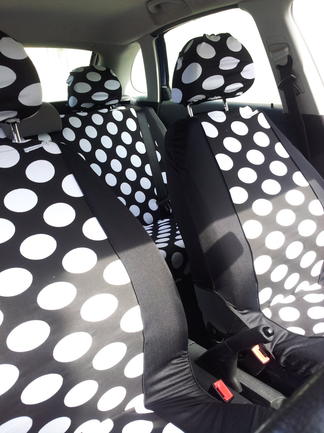 funky black white polka spot car seat covers front and rear