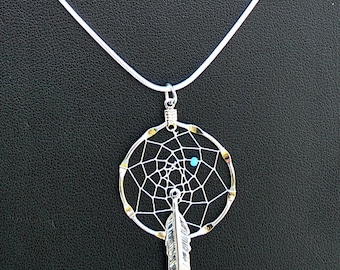 Silver Dream Catcher Necklace with Turquoise bead and feather, dreamcatcher necklace, dream catcher jewelry, Native American inspired