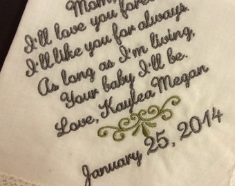 MOTHER Of The BRIDE Handkerchief - Mom - MoB - Wedding - Hanky - Hankie - I'll love you forever, Your BABY I'll Be