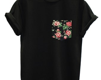 Real Stitched Red & Black Vintage Rose Floral Print Pocket T-shirt Hipster Indie Swag Dope Hype Black White Mens Womens Cute Pocket Shirt