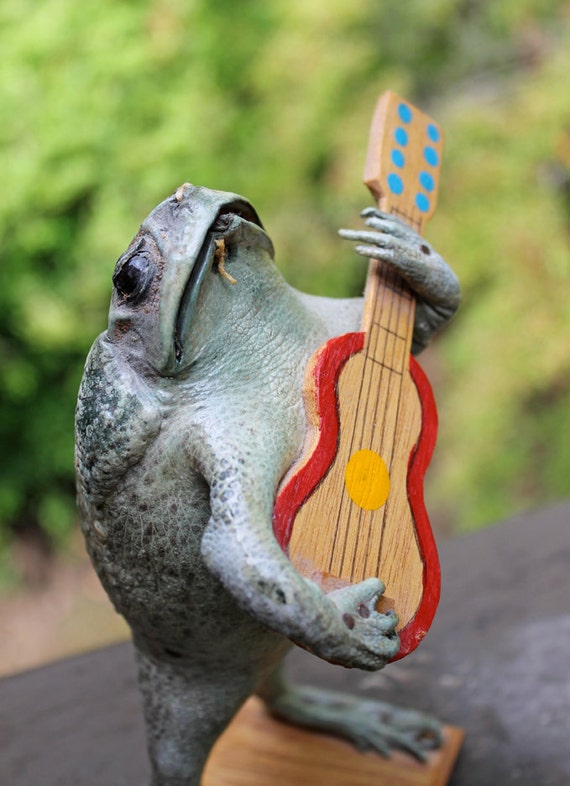 Vintage Taxidermy Bull Frog Toad Playing the Guitar Folk Art