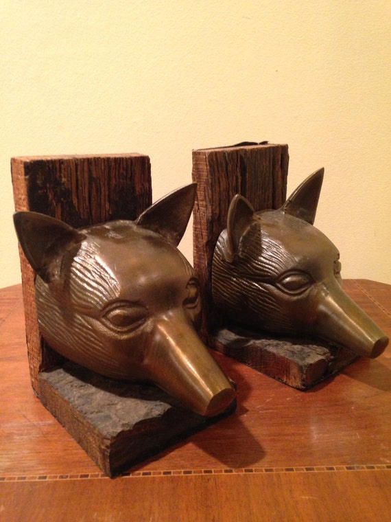 AMAZING Brass Fox Head Barn Wood Bookends by RemnantsRenewed