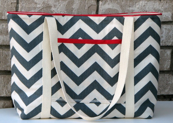 Gray Chevron Canvas Large Tote Bag with Red Accents-Made to
