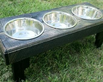 Reclaimed rustic pallet furniture dog bowl stand with 2 quart bowls. 30"l x 12" w x 12"t ebony finish