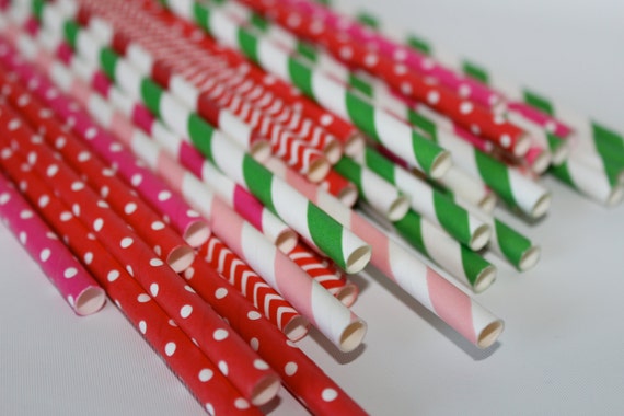 24 StraWberry Shortcake vintage birthday party paper straws red pink green striped polka dots chevrondecor decorations Il_570xn