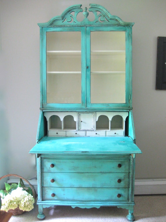 Vintage Chippendale Hand Painted French Country Cottage Chic Vintage Chippendale Hand Painted French Country Cottage Chic Shabby Distressed Aqua Turquoise Teal Blue Secretary