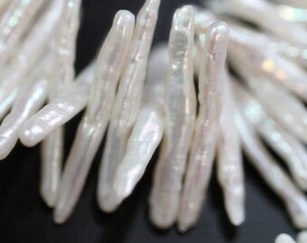 Natural White Side-drilled Keishi Biwa Stick Freshwater Pearls, 25 - 35 mm, 10 beads (FP0102BW)
