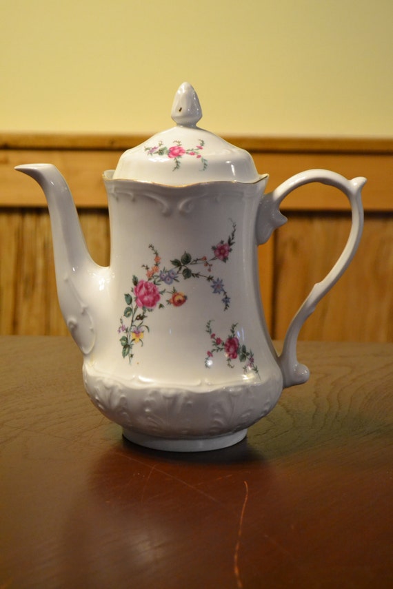 Vintage Teapot Made in Poland Porcelain White with Pink rose