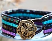 Cuff Wrap Stack Leather Beaded Surf Black Purple Blue Bracelet