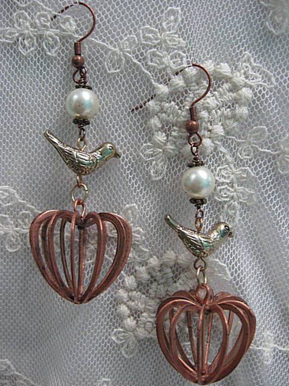 Assemblage Earrings Vintage Bird Cage Charm Earrings Pearl