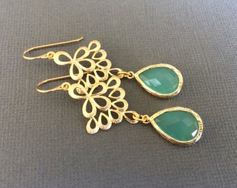 Mint Aqua Chalcedony Aquamarine Glass Tear drop Gold Earrings, Bridal Earrrings, Wedding Jewelry, Bridesmaids Gifts