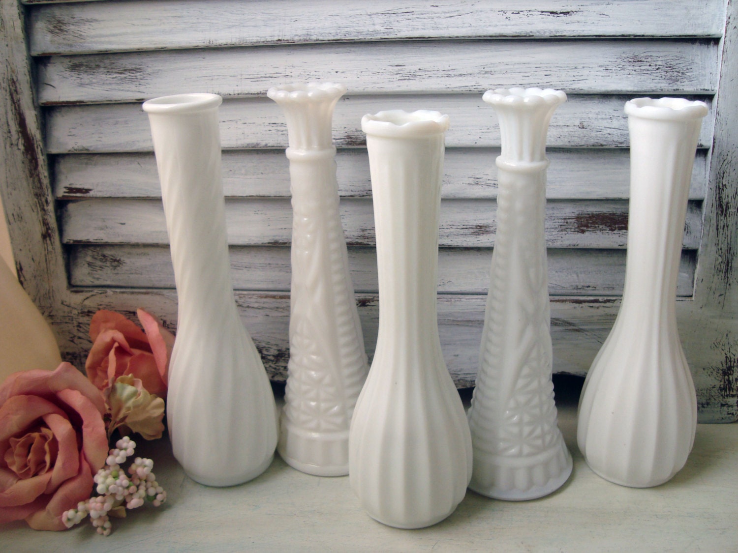 Vintage Set of 5 Milk Glass Flower Vases Shabby Chic White