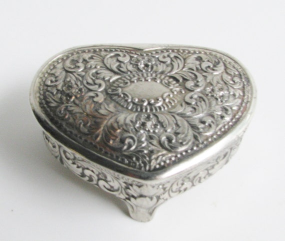 Items similar to SILVER HEART Shaped TRINKET Box Vintage on Etsy