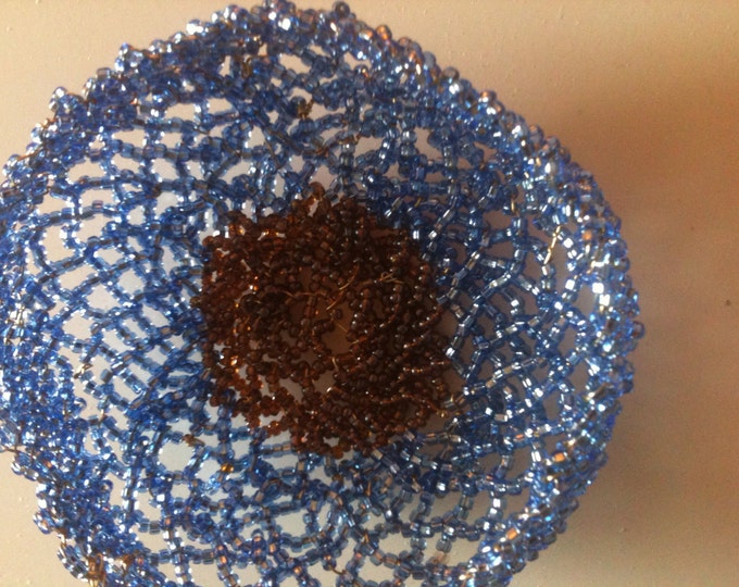 beaded blue and brown wire basket