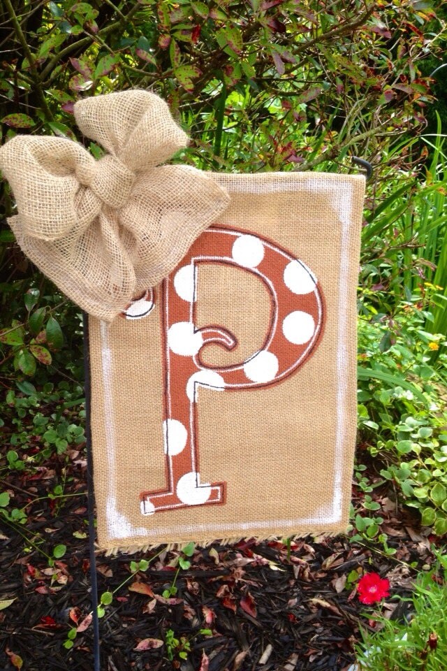 Polka Dotted Monogram Initial Burlap Garden Flag