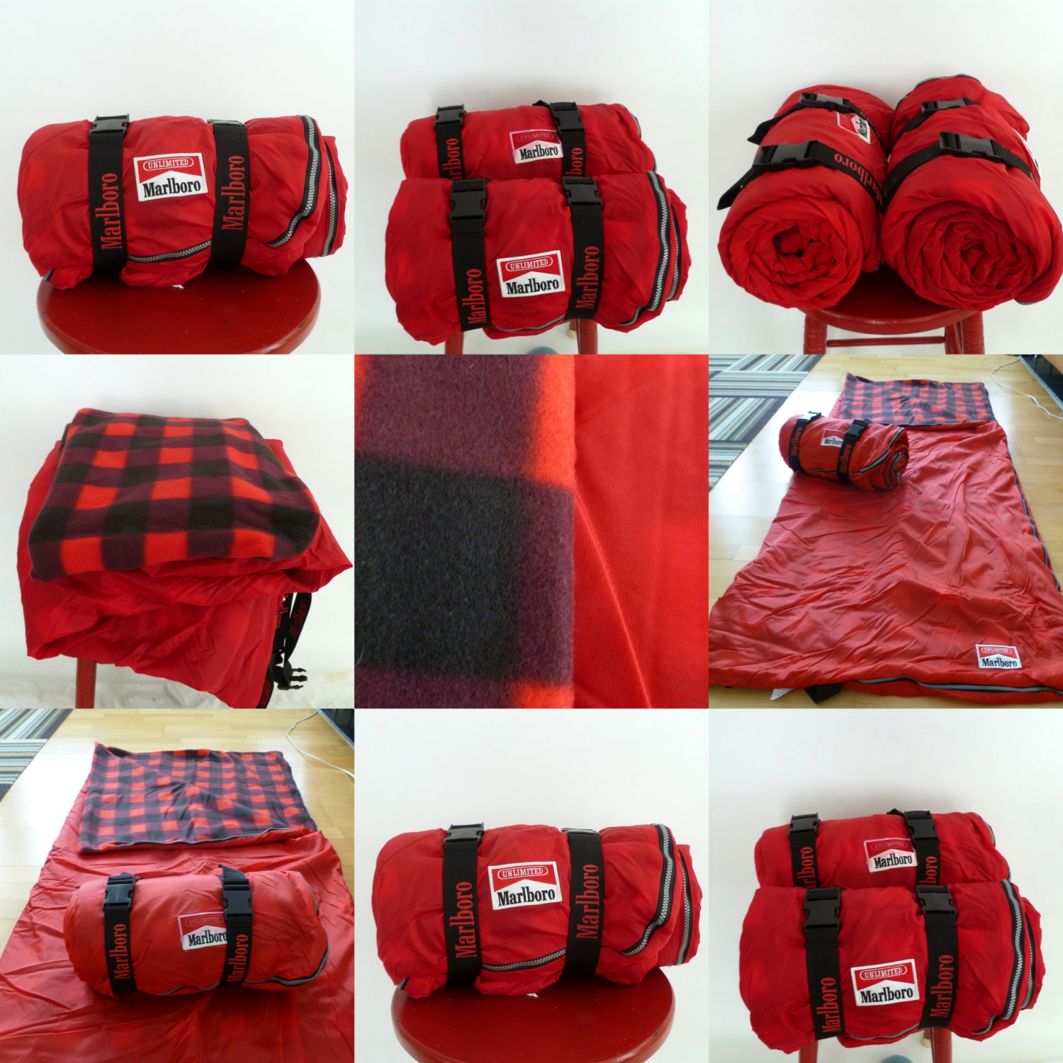 Two Vintage Red Marlboro Unlimited Flannel Lined Sleeping Bags