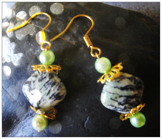 Handmade Gold Hook  Earrings with Striped Agate Squares & Green Pearl by IreneDesign2011