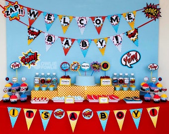Superhero BABY Shower Party Printable Package & Invitation, INSTANT DOWNLOAD, You Edit Yourself with Adobe Reader