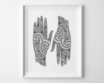 Yoga Print, Yoga Gift, Bohemian Hands Inspirational Print, Yoga Studio Decor Yoga Poster, Mehndi Black and White Art Christmas Gift for Yogi