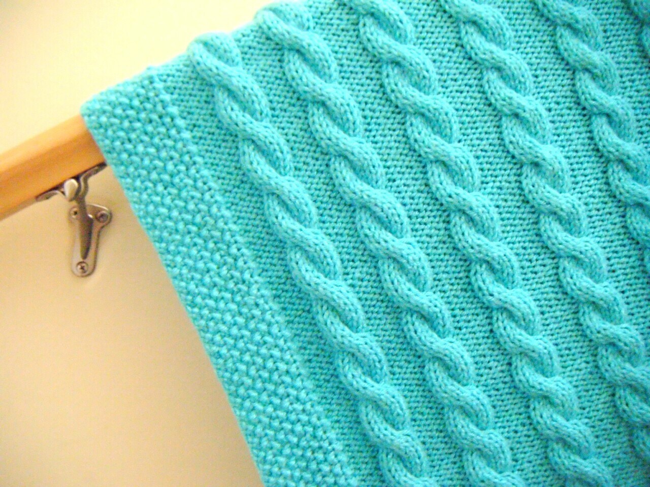 Baby blanket knitted cable pattern very soft turquoise