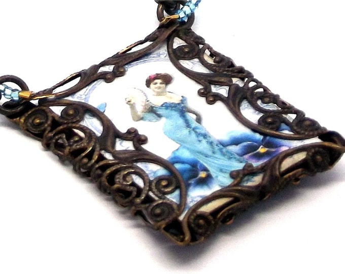 Lady Sings the Blues Steampunk Necklace Romatic Victorian Inspired Pendant with Natural Brass Chain and Aqua Blue Seed Beads OOAK