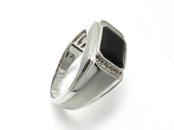 Black Onyx Natural Diamond Mens Ring 14kt White Gold