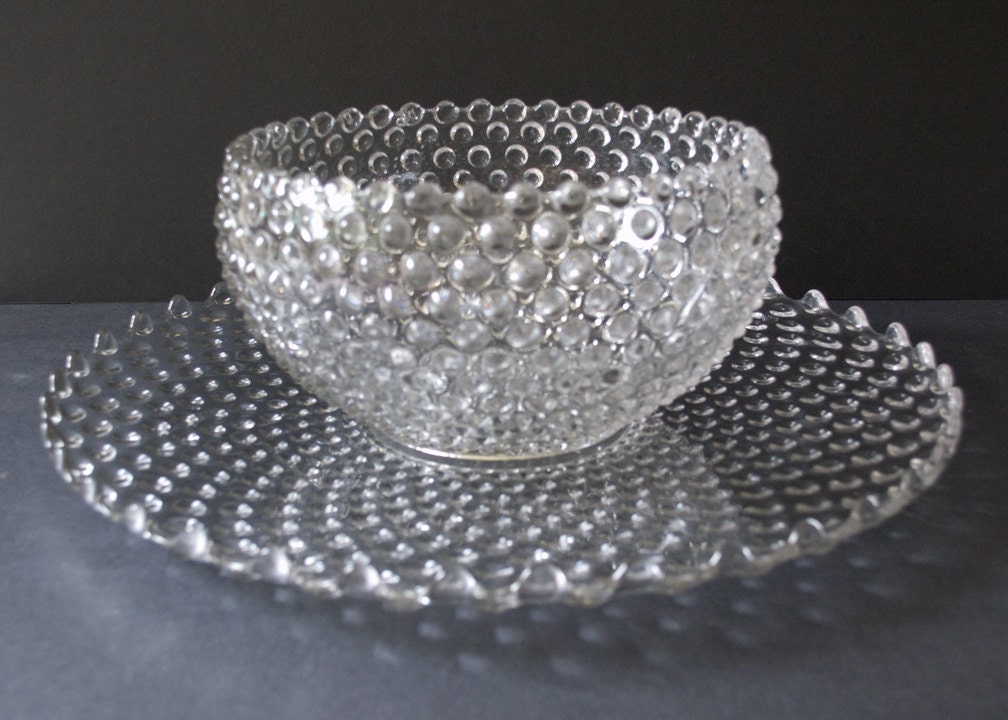 Duncan Miller Clear Hobnail Pressed Glass Punch Bowl Set with