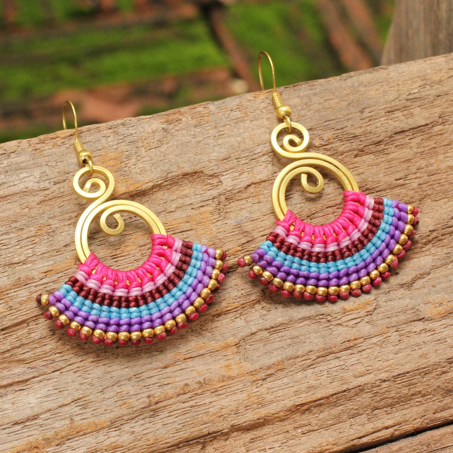 Woven cotton tribal earrings with brass texture