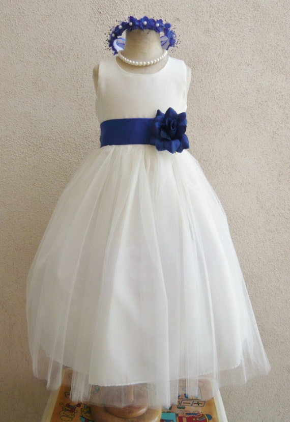 Flower Girl Dresses IVORY with Blue Royal by NollaCollection