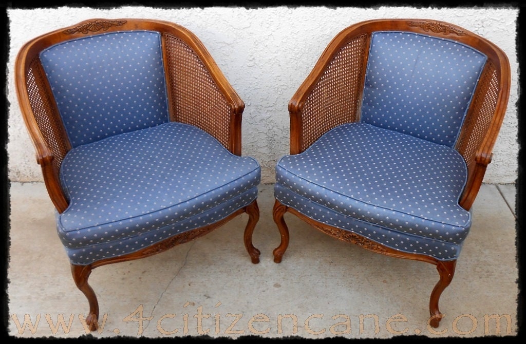 Cane and Upholstered Barrel Chairs Mid Century