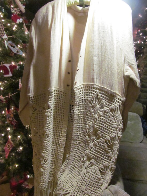 Bohemian Duster Crochet Ecru Linen Long Fringe Jacket Indian