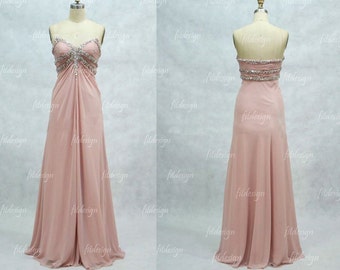 blush pink prom dress, long prom dress, chiffon lace dress, elegant ...
