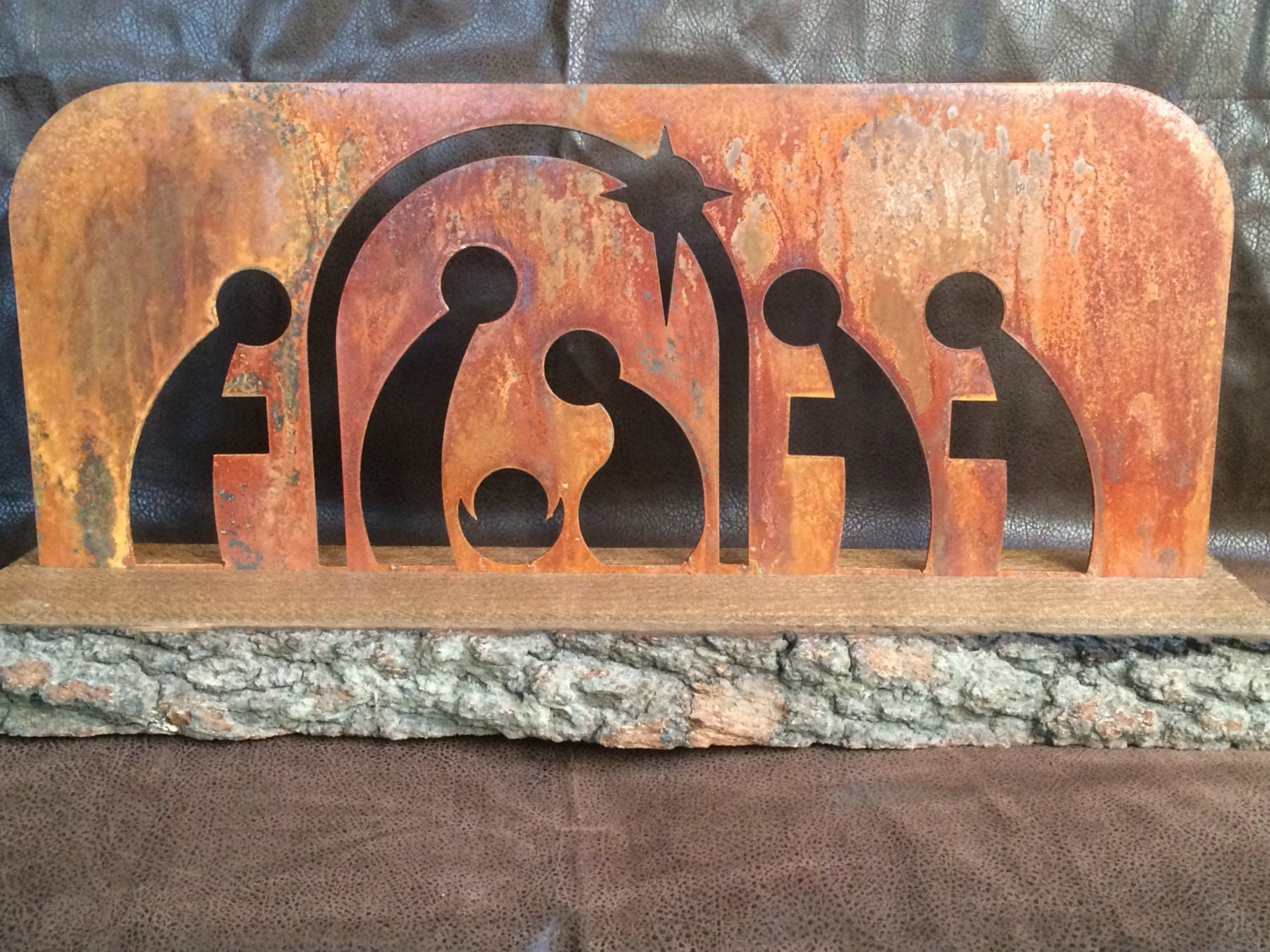 Christmas Nativity Scene made from Metal Set In a wood base