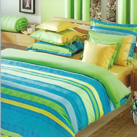 Items similar to Custom Sized Ocean Blue, Turquoise, Lime Green and Yellow Striped Bedding Set