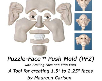 PF2 - Puzzle-Face Mold with Smiling face and Elfin Ears for creating clay faces by Maureen Carlson and Wee Folk Creations