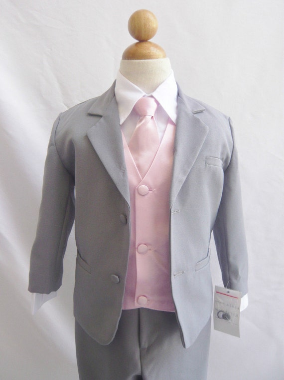Formal Boy Suit Gray with Pink Light Vest for Toddler Baby Ring Bearer Easter Communion Long Tie Size 16, 18, 20, and More
