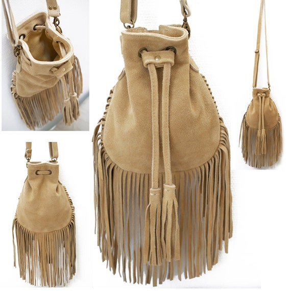 Small Fringe Handbag, Boho Suede Leather Pouch with Tassels.