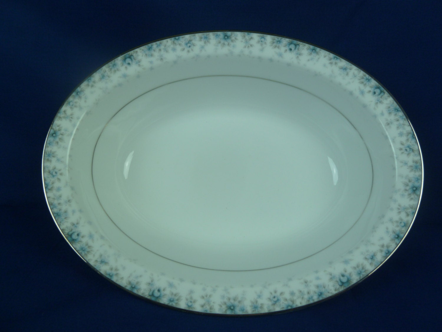 Noritake Kathleen Oval Serving Bowl Blue Flowers Silver Trim Haute Juice