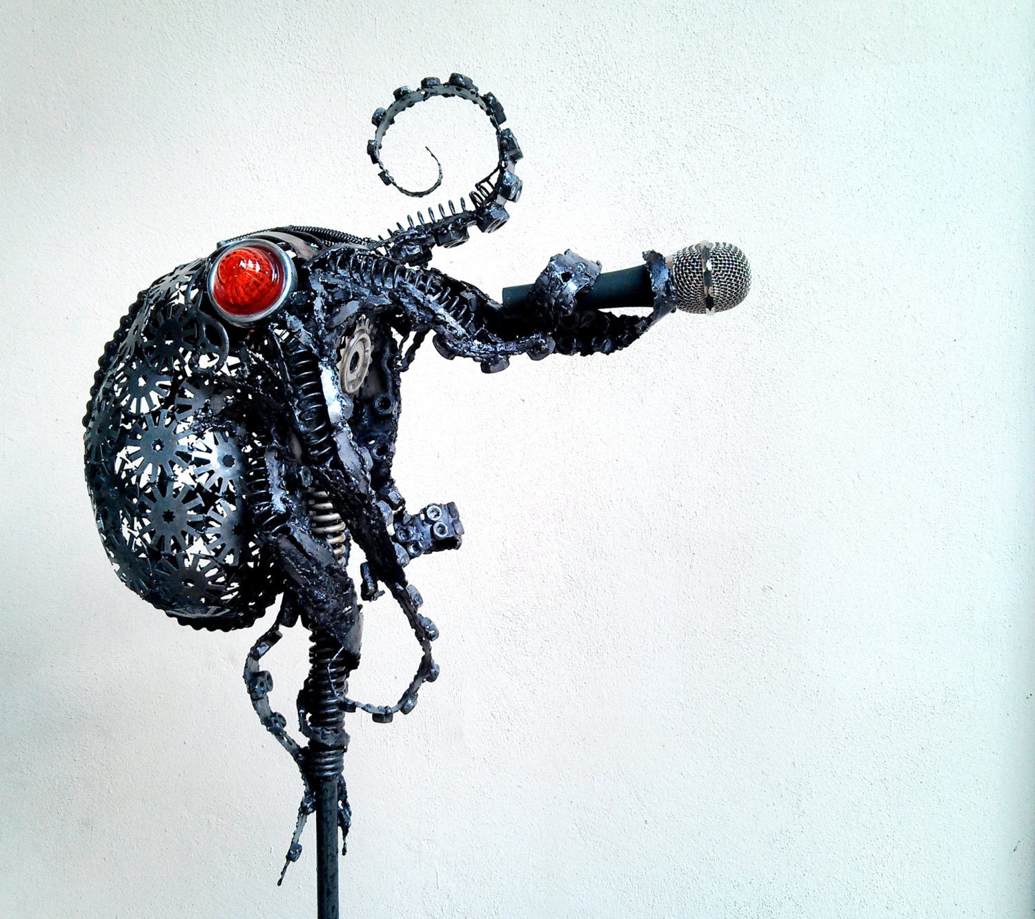 Unique steampunk octopus microphone stand made out from scrap