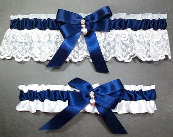 Wedding Garter Set Navy Blue on White or Ivory, Navy Bow with Rhinestone & Hearts Charm ~ Allison Line (May also be purchased individually)