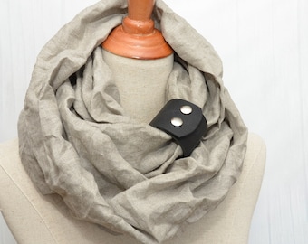 Linen Infinity Scarf. Chunky Scarf. Natural Linen. Original color. Black leather cuff.