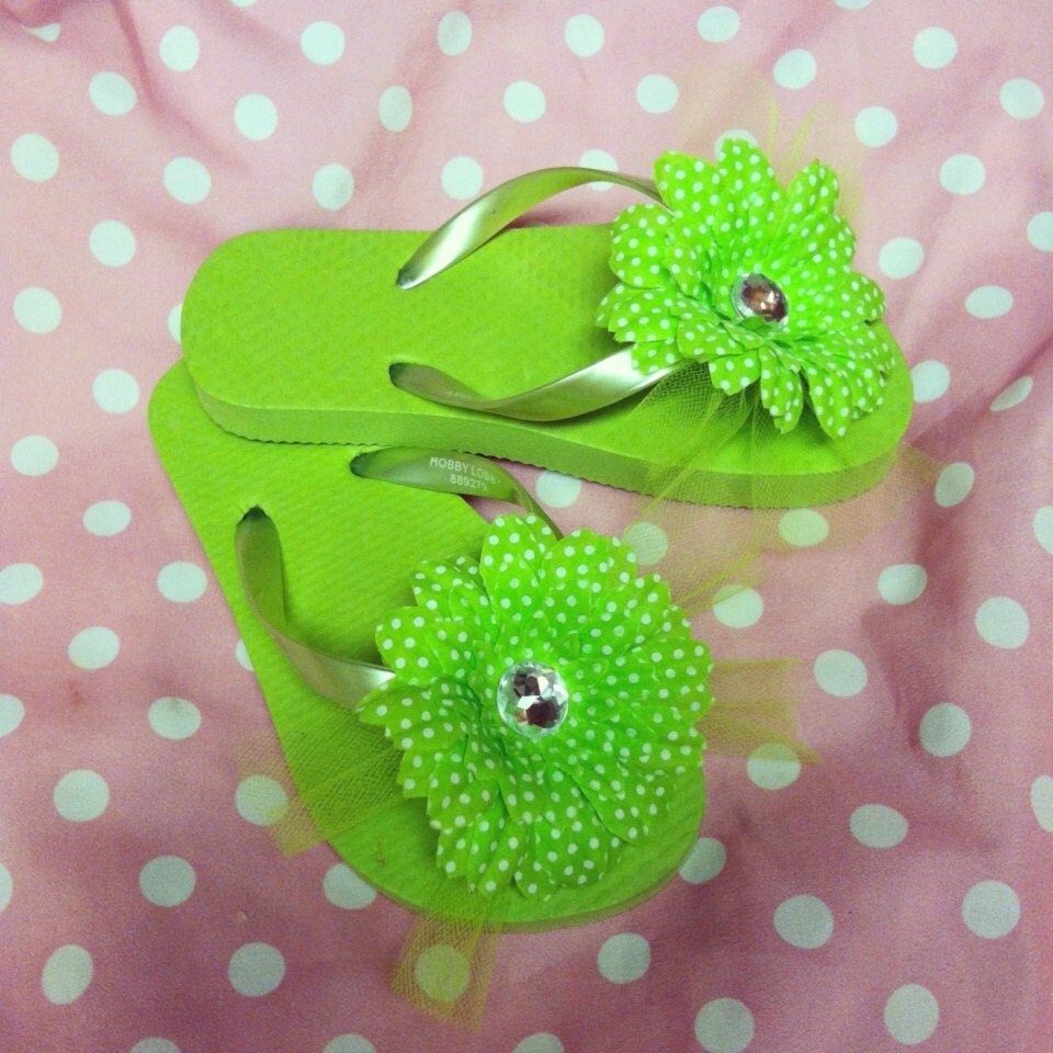 Lime green tulle flower flip flops by KenzieBugTutus on Etsy