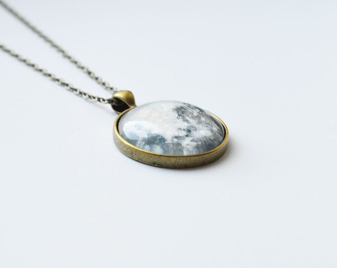 The SPACE Round pendant with the image of the planet Moon from brass and glass retro and vintage