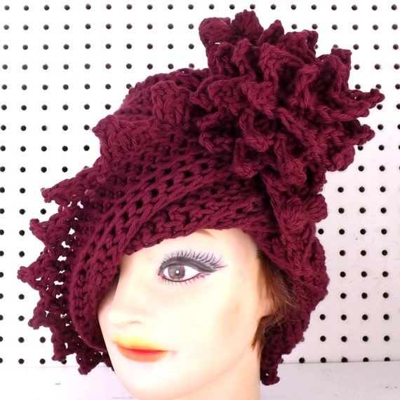 LAUREN Crochet Cloche Hat, Crochet Flower Hat, Crochet Cotton Hat, Crochet Summer Hat, Crochet Hat for Women, Womens Hat, Aubergine Hat