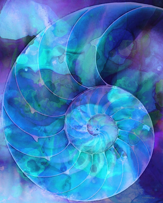 Nautilus Shell Art PRINT from Painting Colorful Blue Beach