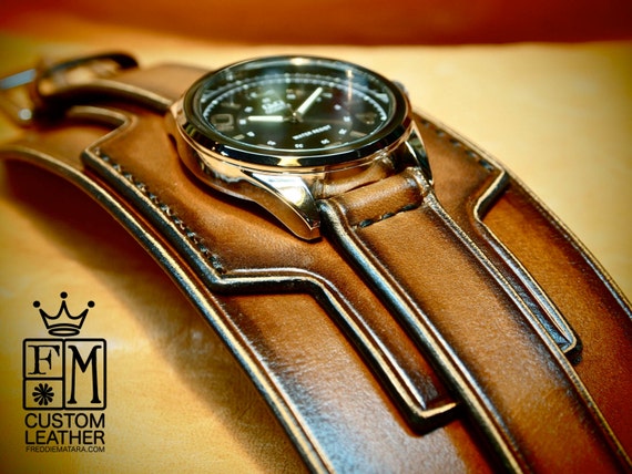 Leather cuff watch Tobacco Brown sunburst wide layered leather watch band Hand made for YOU in NYC by Freddie Matara!